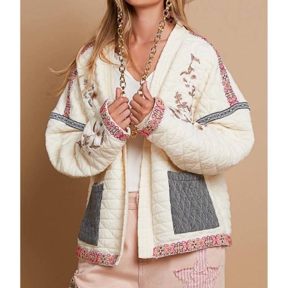 NEW POL cream quilted embroidered jacket in ivory